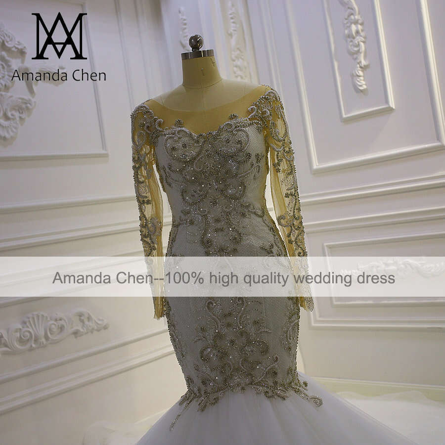 robe longue femme Long Sleeve Crystal Mermaid Wedding Dress