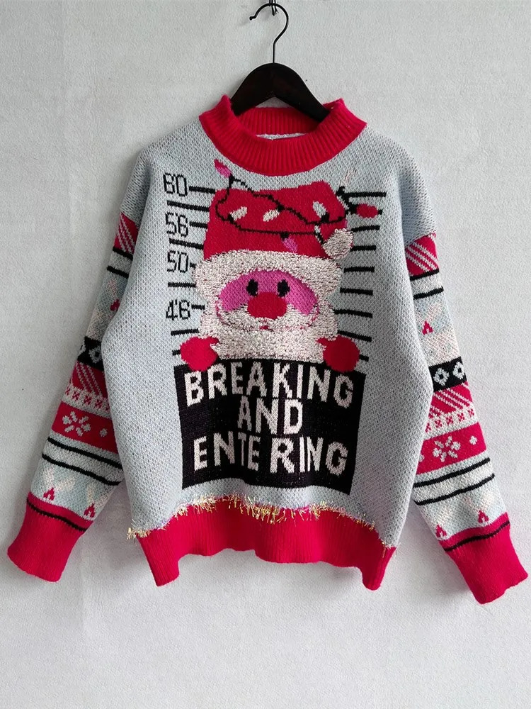 Ugly Santa Claus Knitted Sweater Womens Autumn/Winter Loose O-neck Long Sleeve Red Zipper Jumper 241025