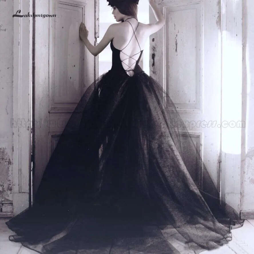 Custom Made Wedding,Gothic Black Wedding Dress A E Tulle Bridal Gown Open Back Simple Elegant Mariage 0521