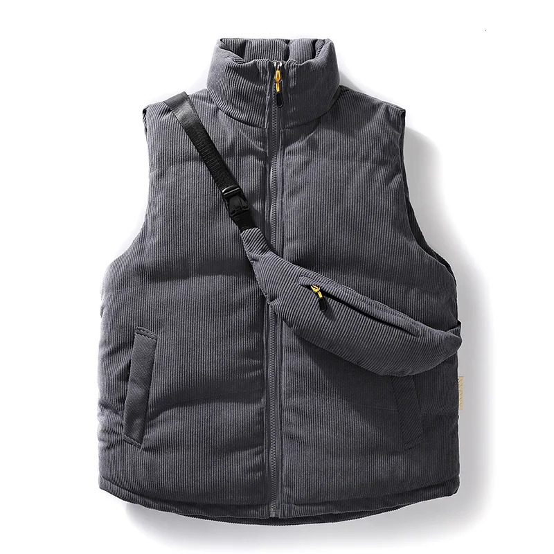 Fashionable and casual mens fully matched vest jacket autumn and winter warm sleeveless solid color thick zipper waist jacket stand up collar 241028