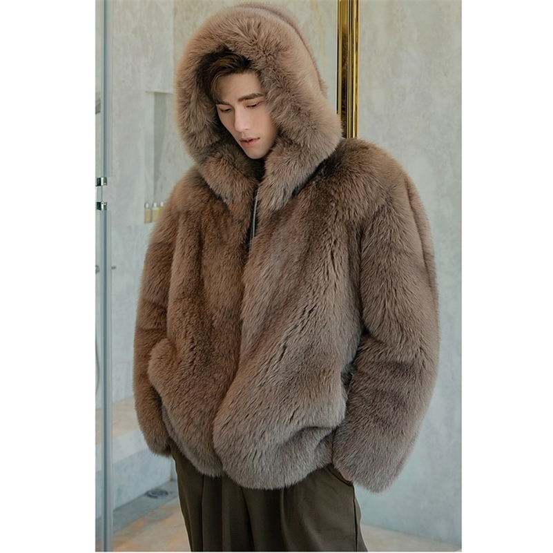 Fur coat Mens fox fur short jacket autumnwinter warm wool coat mens leather hooded casual jacket 241011