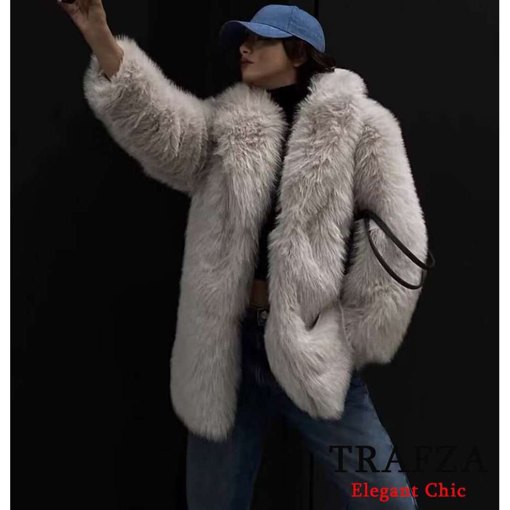 TRAFZA Elegant Loose Women's Lapel Jacket New 2024 Winter Fashion Glamorous High Street Faux Fur Coat