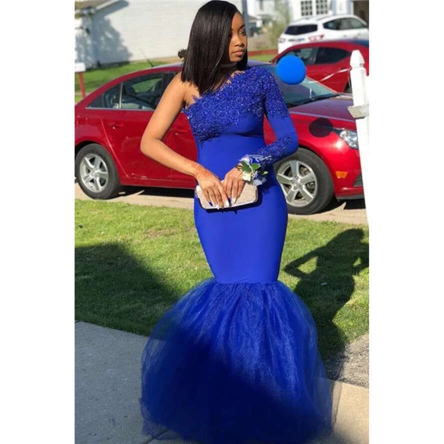 Royal Blue Mermaid Prom Dresses For South African Black Girls Sexy One Shoulder Lace Appliques Tulle Formal Evening Gowns
