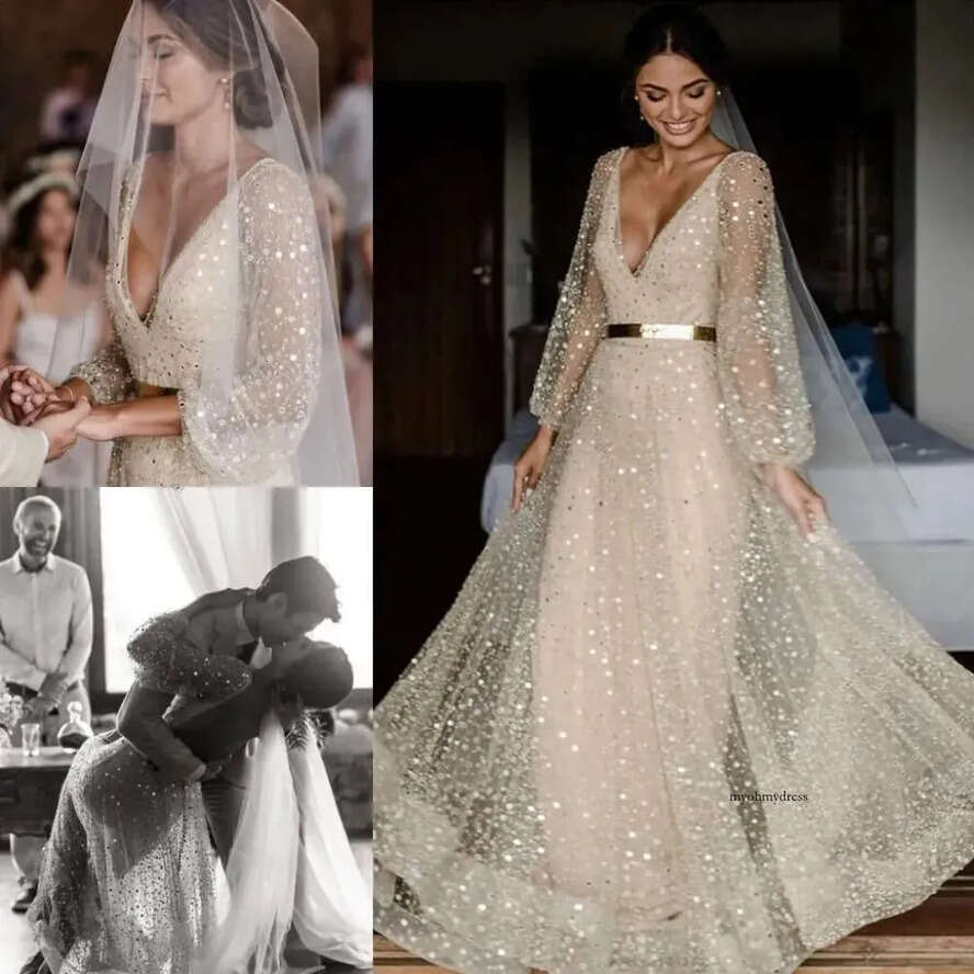Stunningbride 2024 Boho Champagne Dresses V Neck Long Sleeves Sequined Bridal Gowns Or Length Plus Size Beach Bohemian Wedding Dress 0514