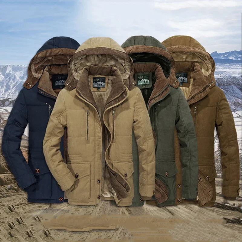 Mens Cotton Jacket Parkas with Winter Mid To Long Length and Thick Velvet Middleaged Young Casual Warm 241024