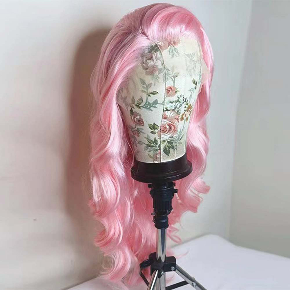 RONGDUOYI Light Pastel Pink Lace Front Synthetic Frontal Wigs for Women Long Wavy Loose Wave Curly Hair Wig Daily Party Cosplay