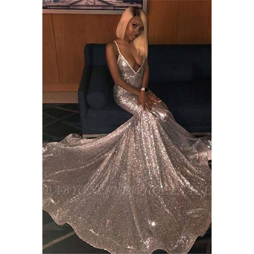 Prom Dresses Sier Sequins Sexy Deep V Neck Mermaid Vintage African Black Girls Formal Evening Party Gowns Cheap Long Dress