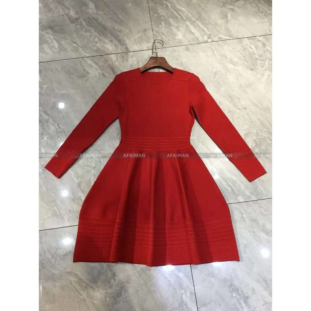 Women Hollow Out Waist V Neck Long Sleeve Ball Gown Knitted Mini Dress