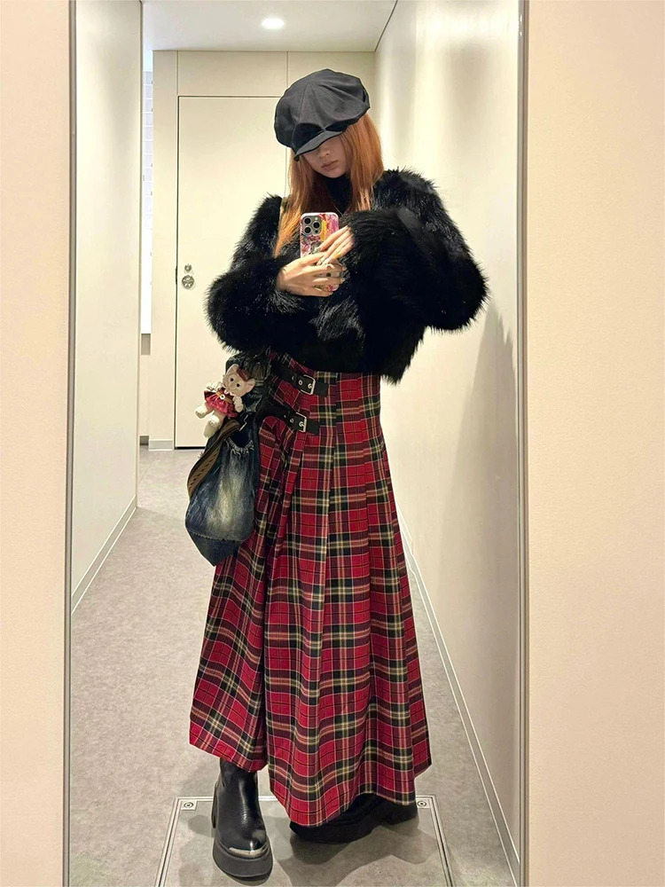 Womens Retro Midi Plaid Skirt Slit Gyaru Coquette 2000s Preparatory Sexy Grunge Cyber Punk Y2k Japanese Street Clothing Fashion 241028