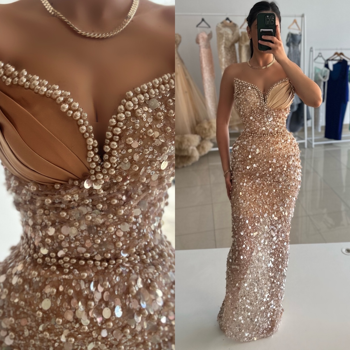 Elegant pearls champagne Evening Dresses sweetheart sheath evening gown sequins peplum formal prom dresses for women