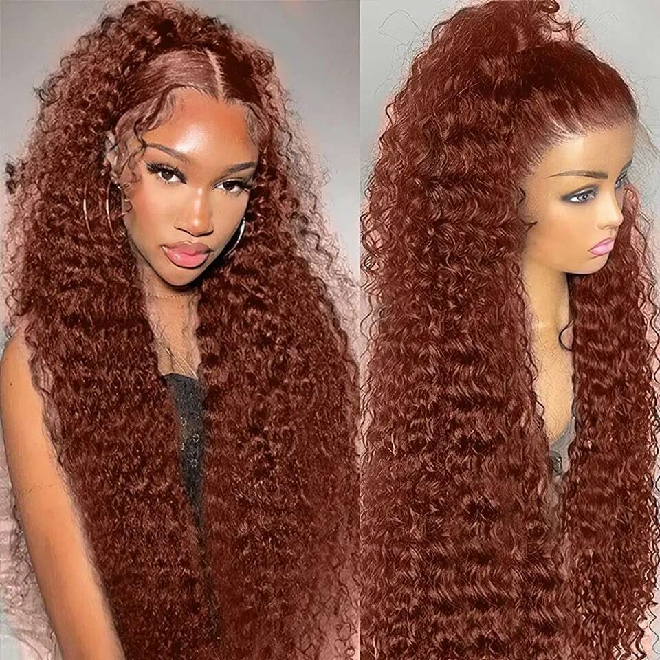 Inch Reddish Brown Deep Wave x Lace Front Human Remy Hair Density Kinky Curly HD Frontal Wig Brazilian