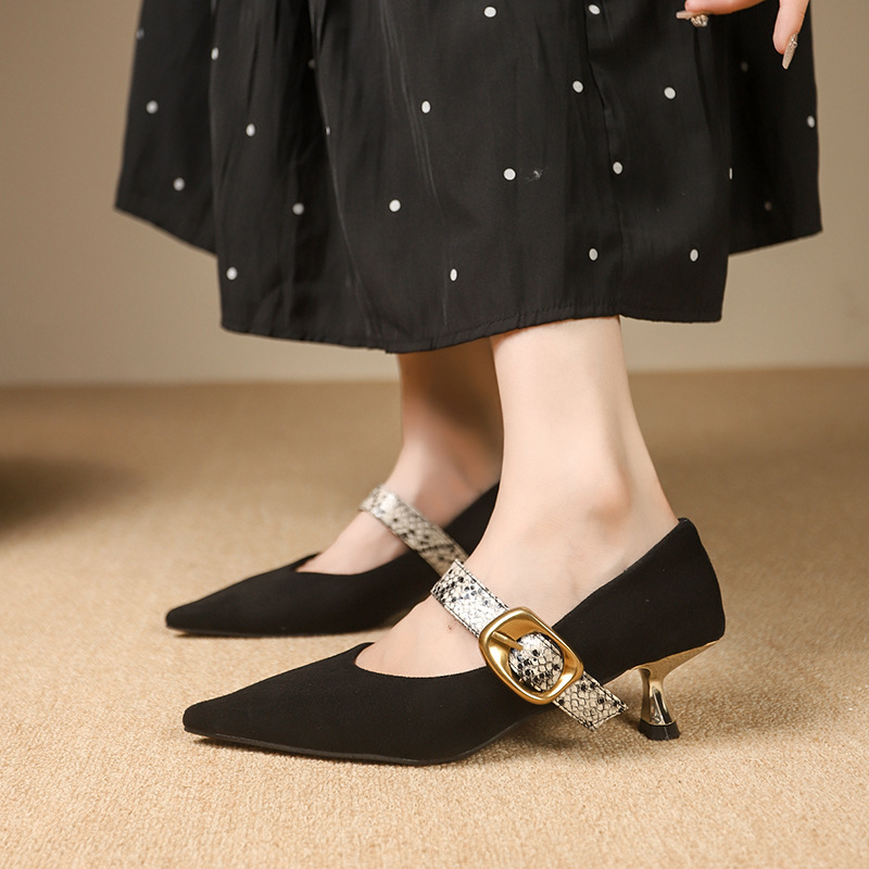 Women Fashion High Heel:France Gentle Style Slim Versatile Fashionable Pointed Toe Straight Strap,Black,Free shipping