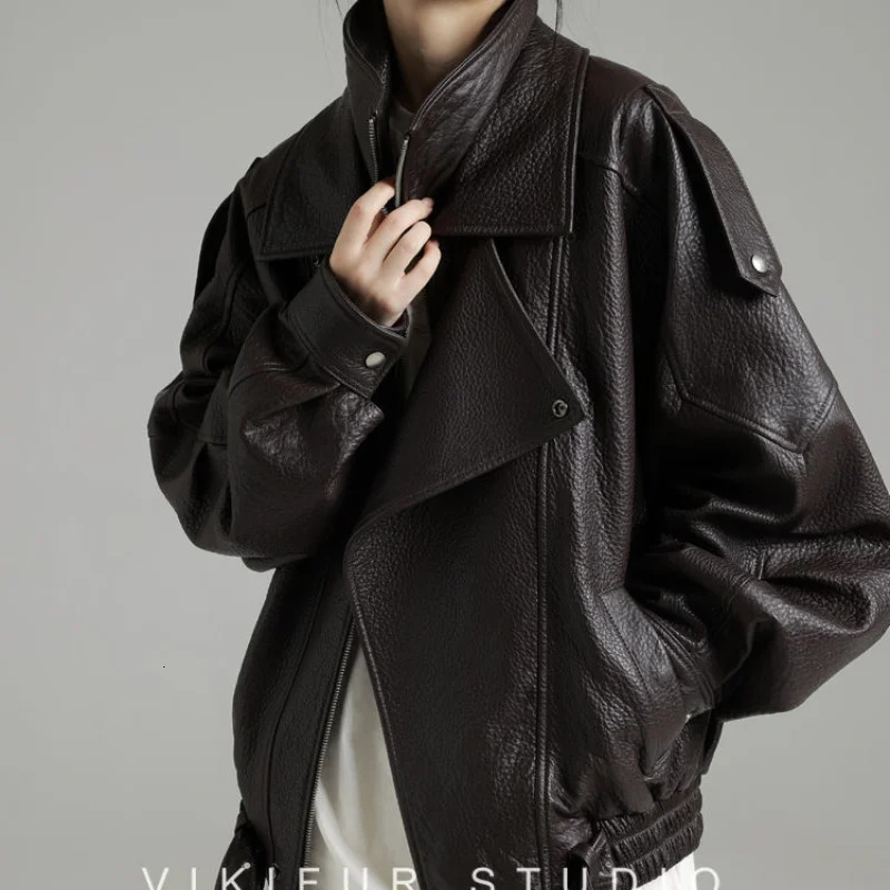 Womens Y2k Jacket Autumn Fashion Street Loose Casual Retro Heavy Double-Layer Collar Profile Jacket Leather Coat Female 241028