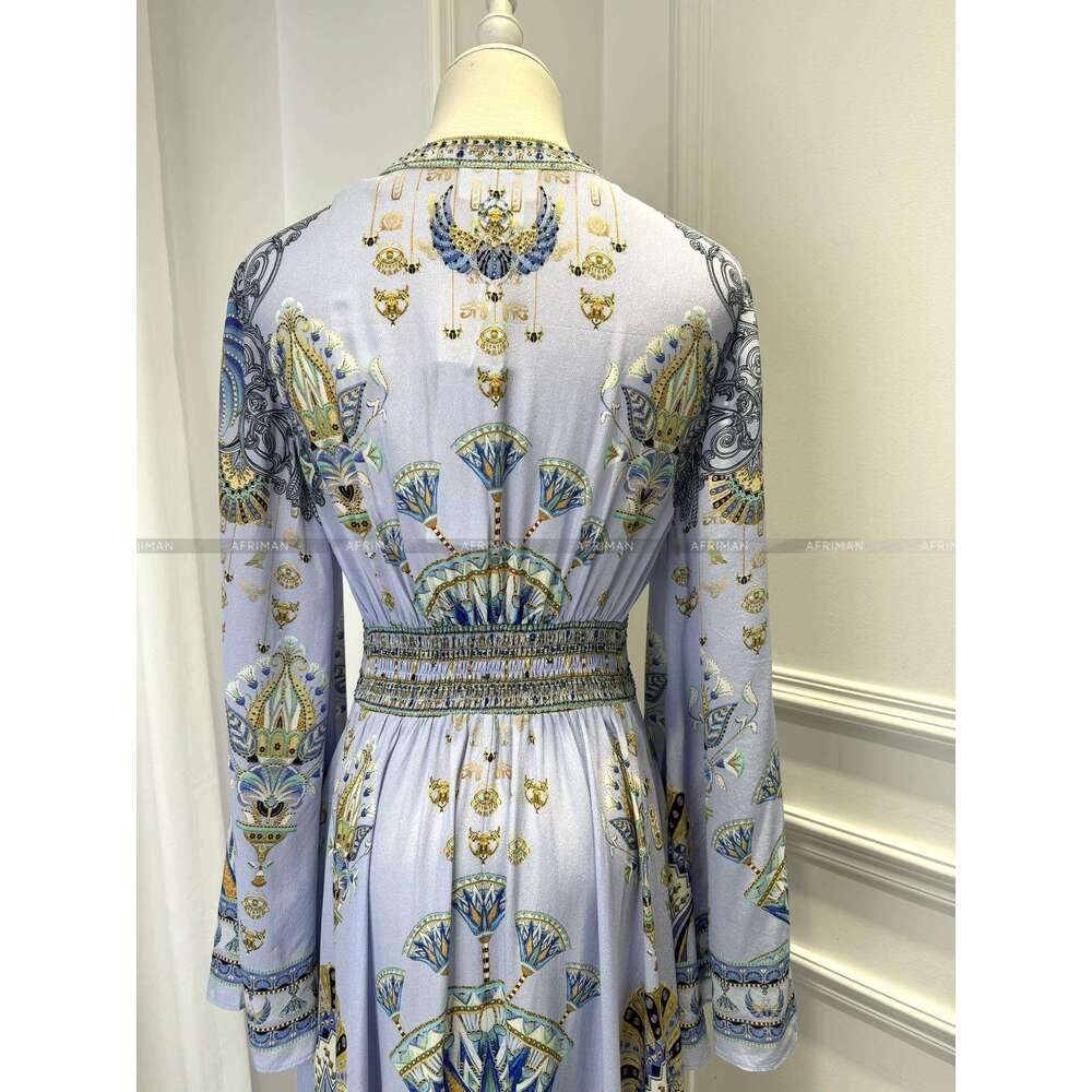 Women V Neck Crystal Beaded Flare Sleeve Elastic Waist Retro Blue Print 100% Silk Long Dress