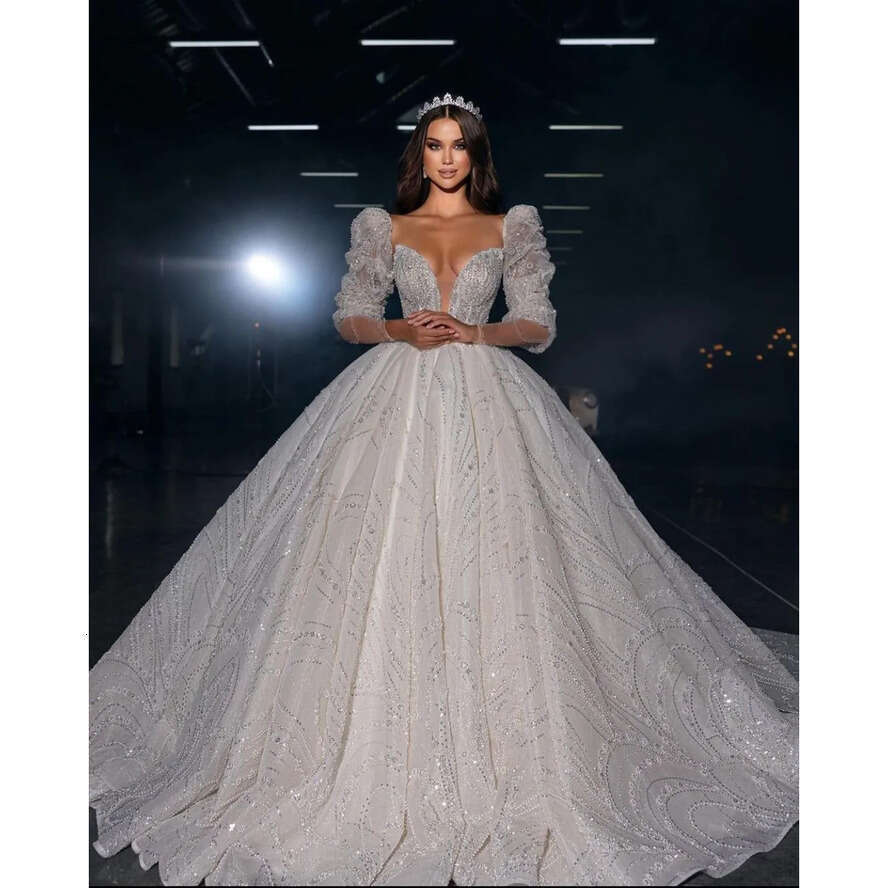 Vintage Ball Gown Dresses Puffy Sleeves Beads Crystal Dia Princess Wedding Dress Long Train Bridal Gowns 0515