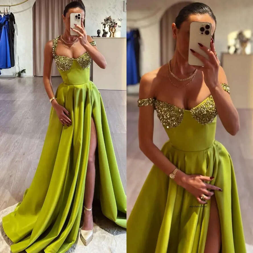 Elegant Green Prom Dresses A E Sequins Straps Evening Pleats Split Formal Long Special Ocn Party Dress 0515