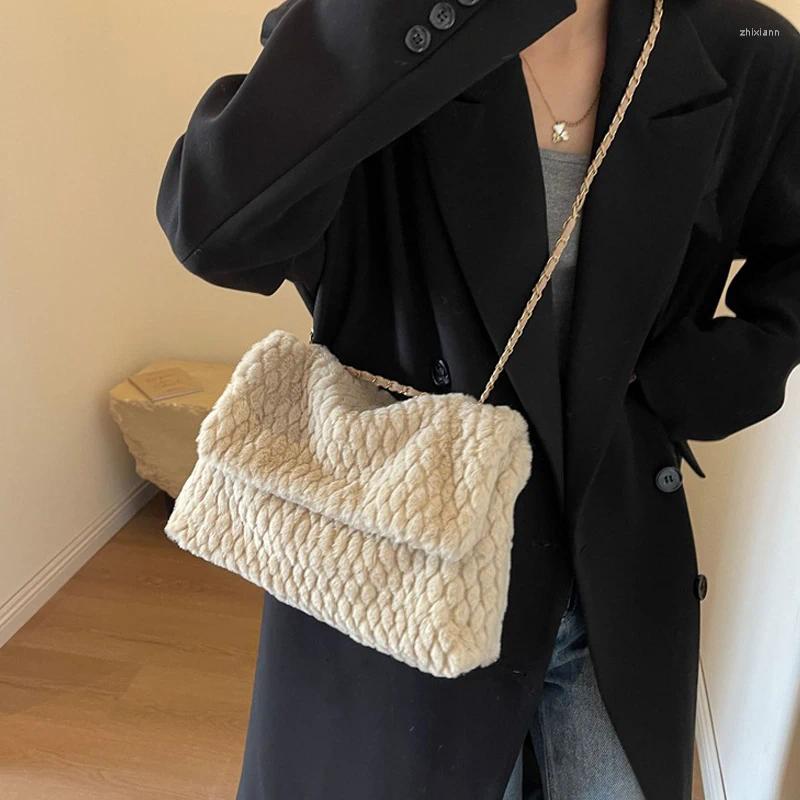2025 NEW Drawstring Women Girls Solid Color Chain Shoulder Bag Large Capacity Furry Tote Handbags Soft Plush Messenger fashionable item zhanyishengli