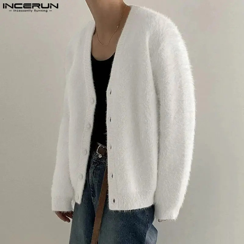 INCERUN Men Sweaters Solid Color Plush V Neck Long Sleeve Fashion Casual Cardigan Streetwear 2024 Leisure Knitted Outerwear 241024