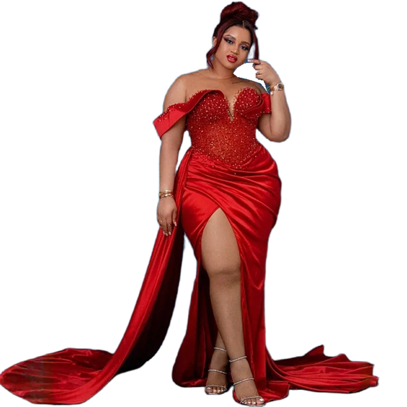 African Red Mermaid Evening Dresses Front Split Beaded Off Shoulder Long Satin Prom Dress Modern Reception Gown Sheer Jewel Neck Satin Special Occasio