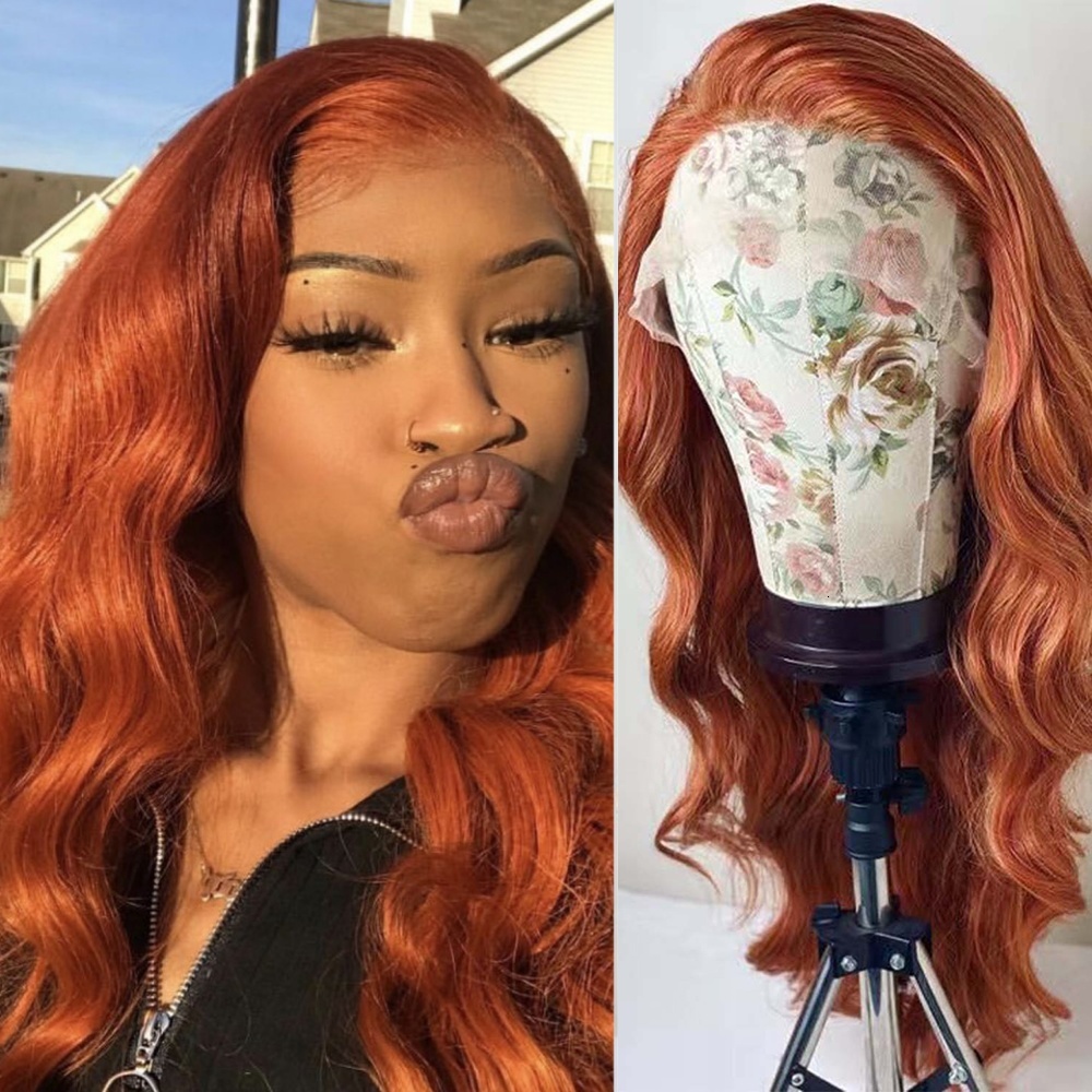 RONGDUOYI 13X4 Lace Front Ginger Orange Wigs for Women Synthetic Frontal Wig Glueless Loose Curly Wavy Hair Daily Party Cosplay