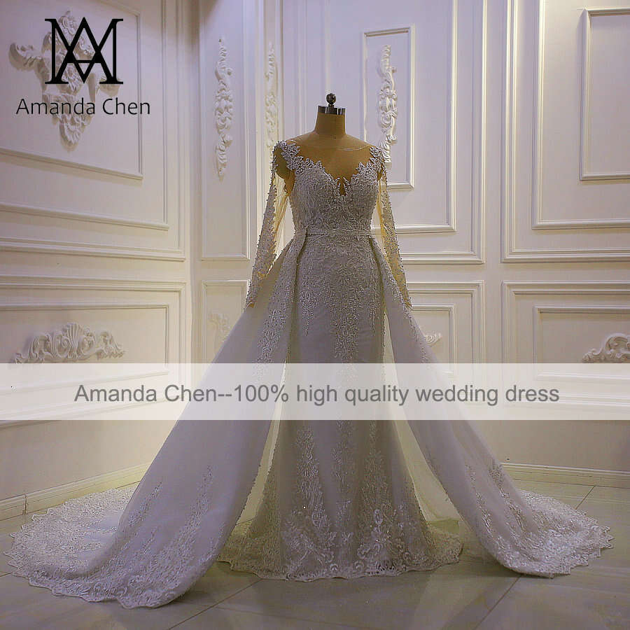 2 in 1 Long Sleeve Lace Appliqued Mermaid Detachable Skirt Wedding Dress