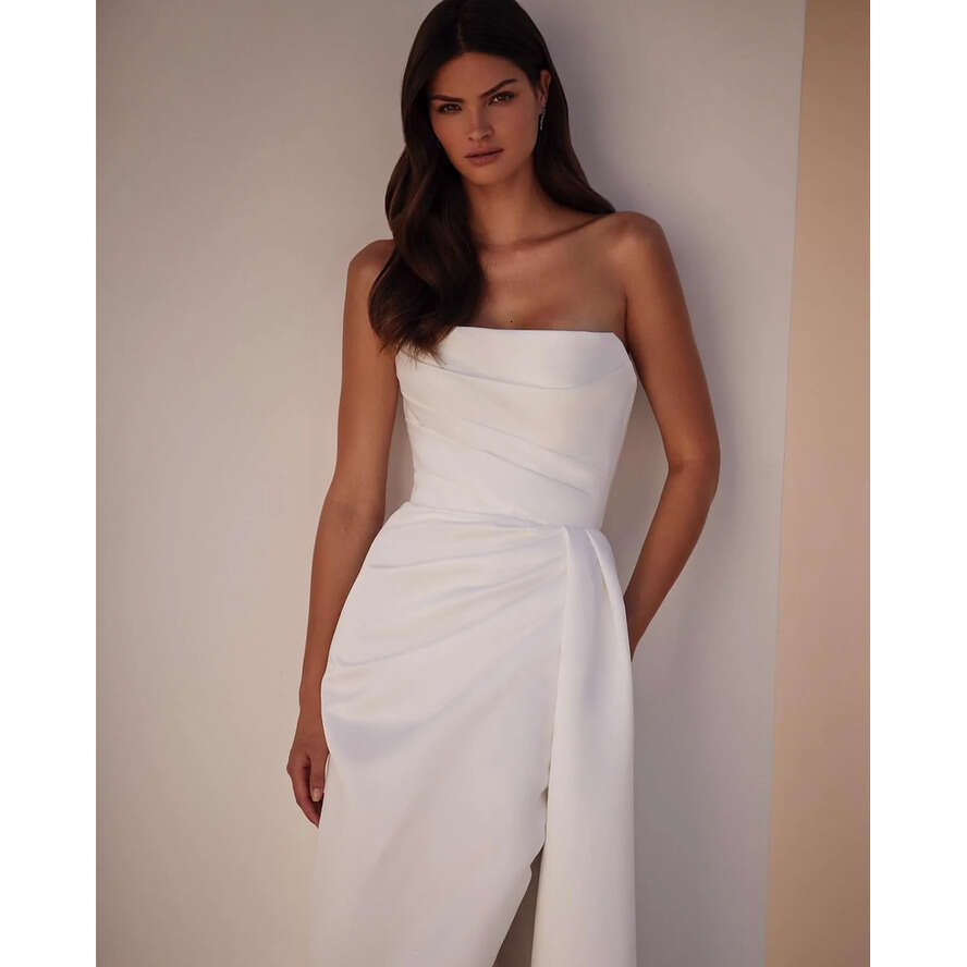 Nova Milla Boho A E Dress For Bride Strapless Satin Country Wedding Dresses Backless Pleats Vestidos De Novia Split Bridal Gowns