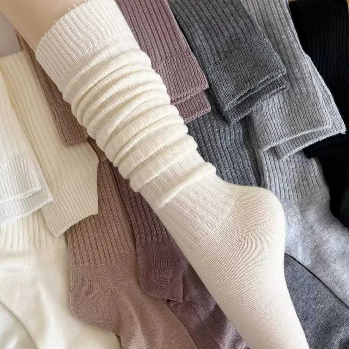 Womens Soft Wool Long Autumn Winter Cashmere Solid Knitted Long Socks Tight Casual Kn High Fluffy Warm Thick Girl W241028