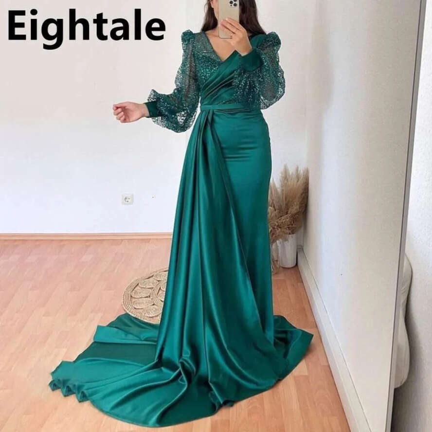 Dark Green Mermaid Satin Evening Dresses Long Sleeves V Neck Sparkly Sequins Custom Made Plus Size Prom Party Gown Vestidos 0914