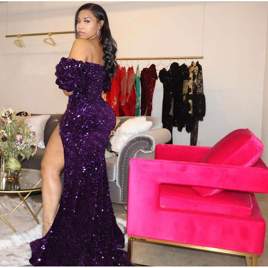 2022 New Year Sparkg Black Prom Dresses Backless Evening Gown Pageant Women Sexy Short Party Wear Long Trail High Split Abiye Dubai Gowns With Bury Se