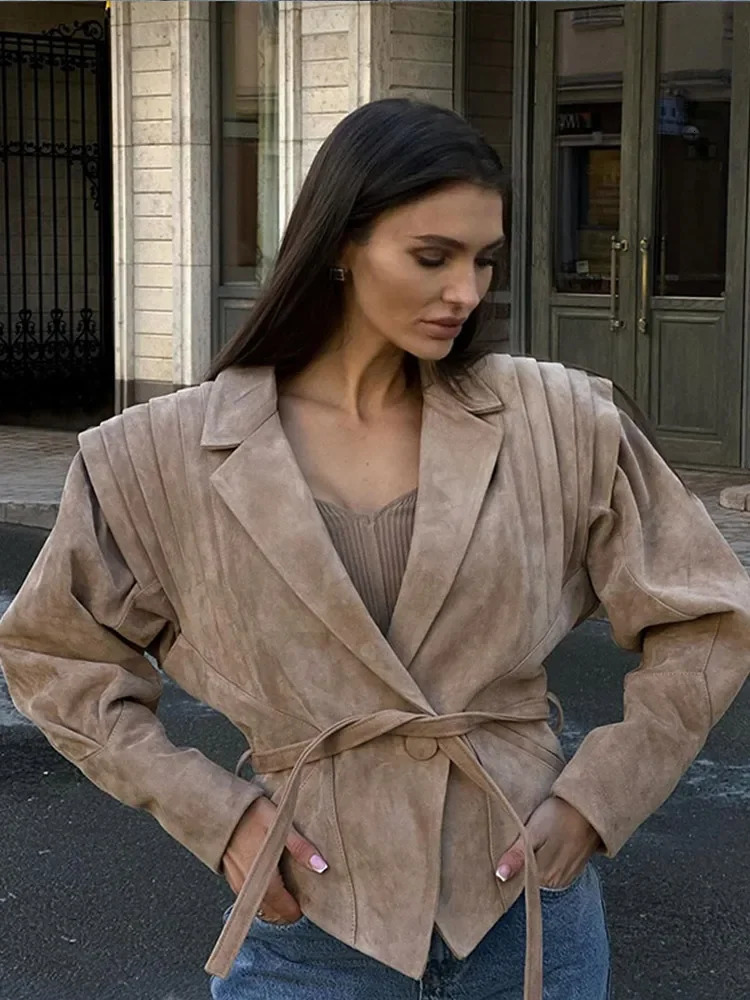 Fashion suede short leather long sleeved jacket for women with pleated shoulder straps lapel button cut jacket womens street jacket 241025