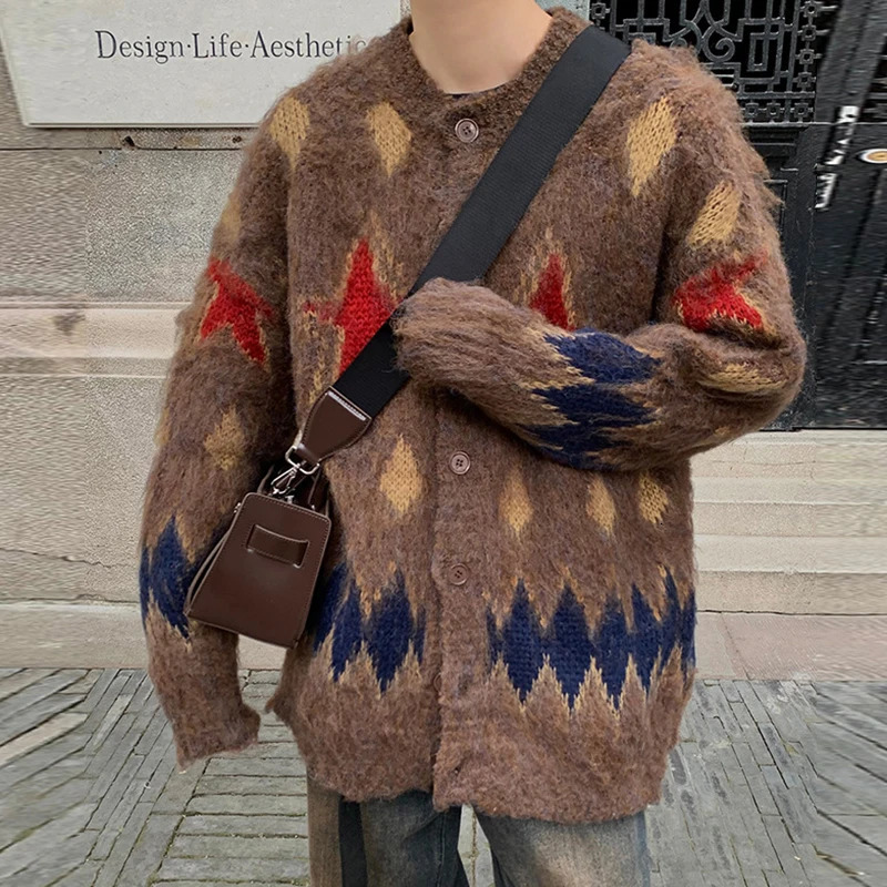 Mens Knitted Graphic Buttons Cardigan Sweater Coat Long Sleeve Casual Streetwear Stylish Leisure Vintage 2024 241024