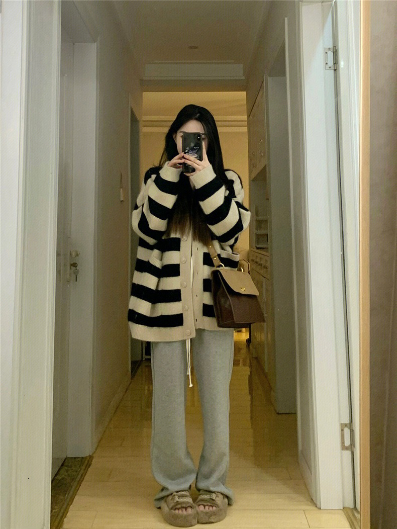 Striped Contrasting Sweater Soft Sticky Cardigan For Women Autumn And Winter New Item Korean Version Lazy Style Temperament Knitted Top Jacket F1028#4