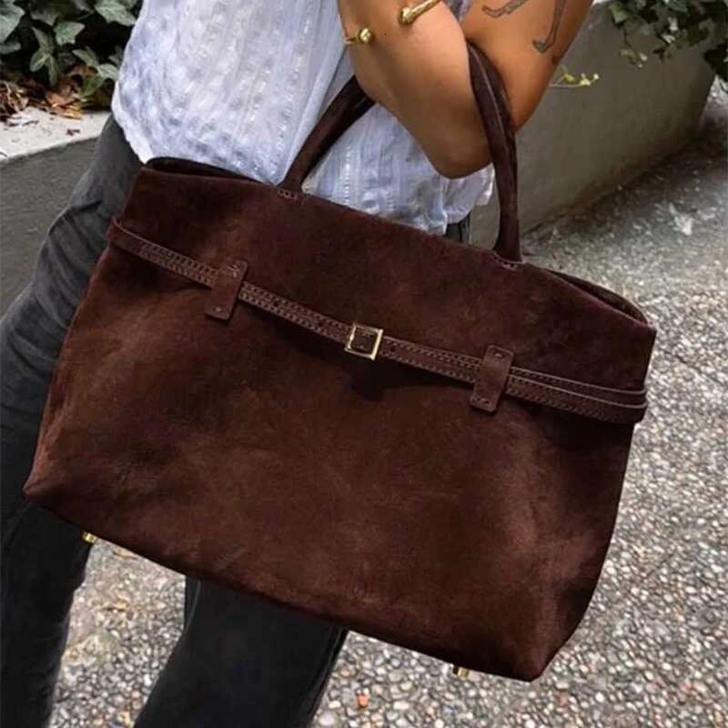 Trendy Autumn Brown Tote Women's Retro Suede Large Capacity Shoulder Belt Buckle Design Ladies Underarm Commuter Bag
