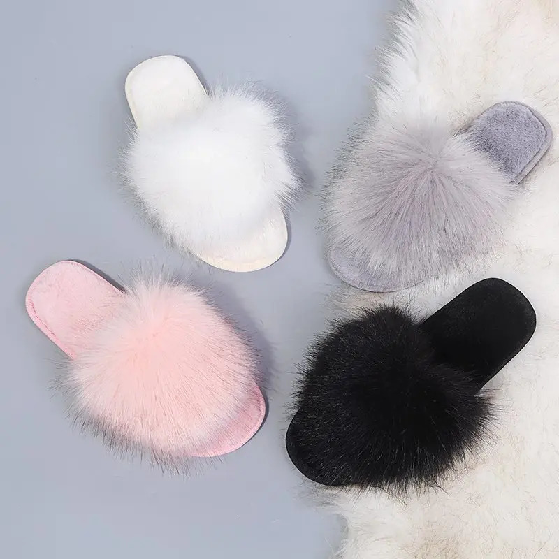 Thick Fluffy Fur Slippers Women Winter House Warm Furry Slippers Women Flip Flops Home Slides Flat Indoor Floor Shoes 241025