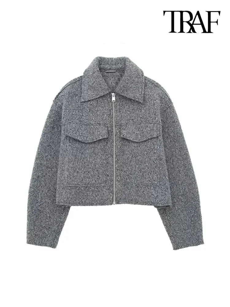 TRAF Women Fashion Patch Pockets With Flaps Cropped Jacket Coat Vintage Long Sleeve Front Zipper Female Outerwear Chic Tops 241024