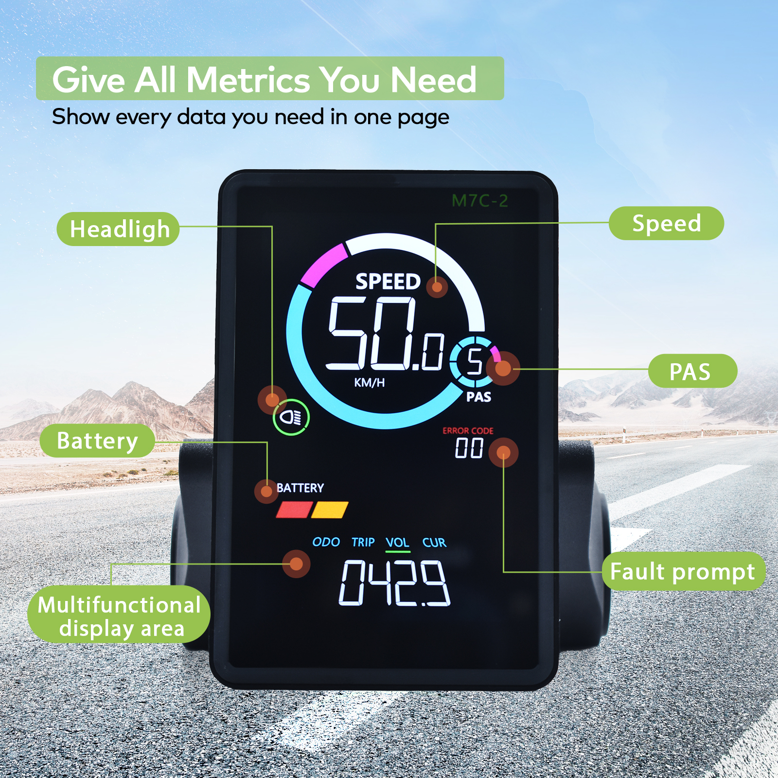 M7C-2 E-bike LCD Colorful Display Meter SM/Waterproof Connection Plug Digital ebike Electric Bicycle Display With USB UART