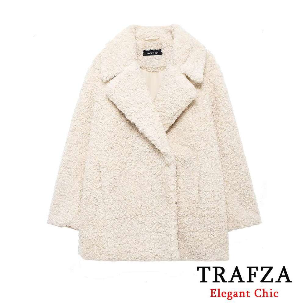 TRAFZA Women Fashion Lapel Solid Mid-Long With Ed New 2024 Fall Winter Elegant High Street Fleece Coat