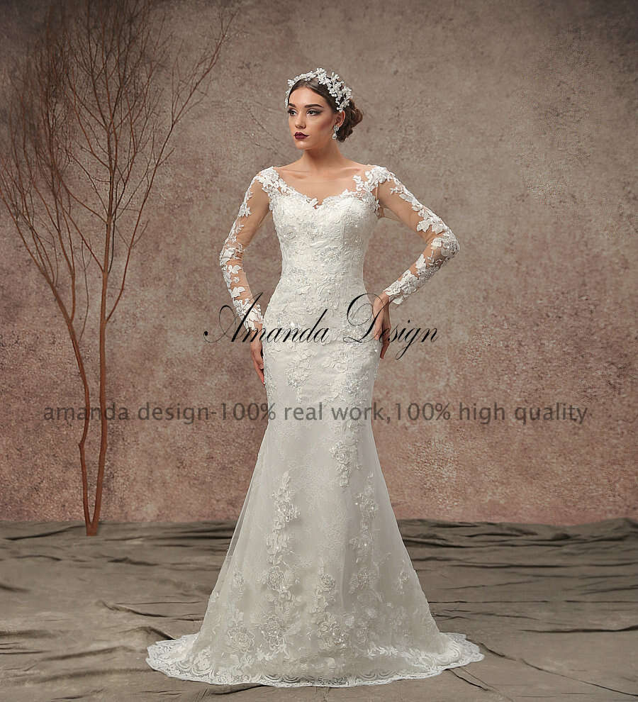 Amanda Design nikah elbiseleri Long Sleeve Lace Applique Mermaid Wedding Dress with Detachable Skirt