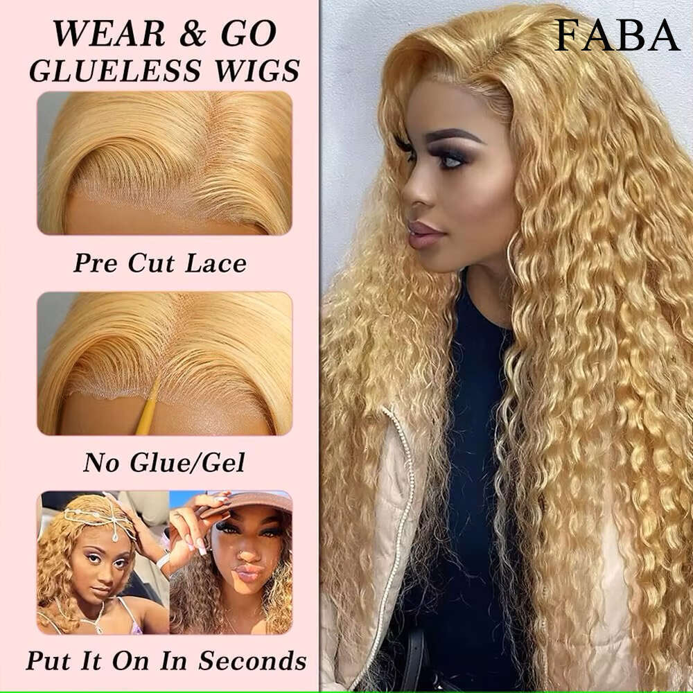 FABA Glueless Honey Blonde Curly Human Hair Wig Deep Wave x HD Lace Frontal Wigs with Baby Density