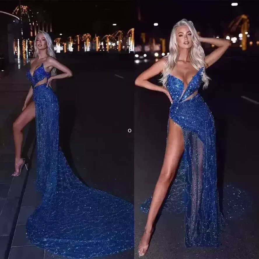 2022 Bright Blue Short Prom Dresses Sleeveless Strapless V Neck Appliques Pufppliques Sequins Sexy Chic Party Gowns Sweep Or Length Plus Size