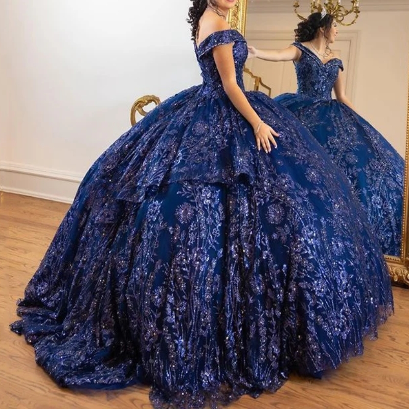 Navy Blue Shiny Quinceanera Dresses Beaded Sequined Applique Lace Tull Sweet 16 Dress Ball Gown Lace Up vestidos de 15 anos