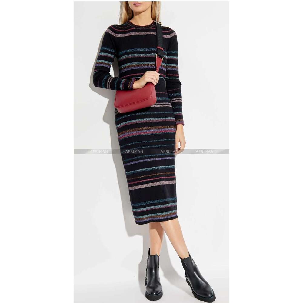 Women Round Neck Colorful Striped Long Sleeve Knit Midi Dress