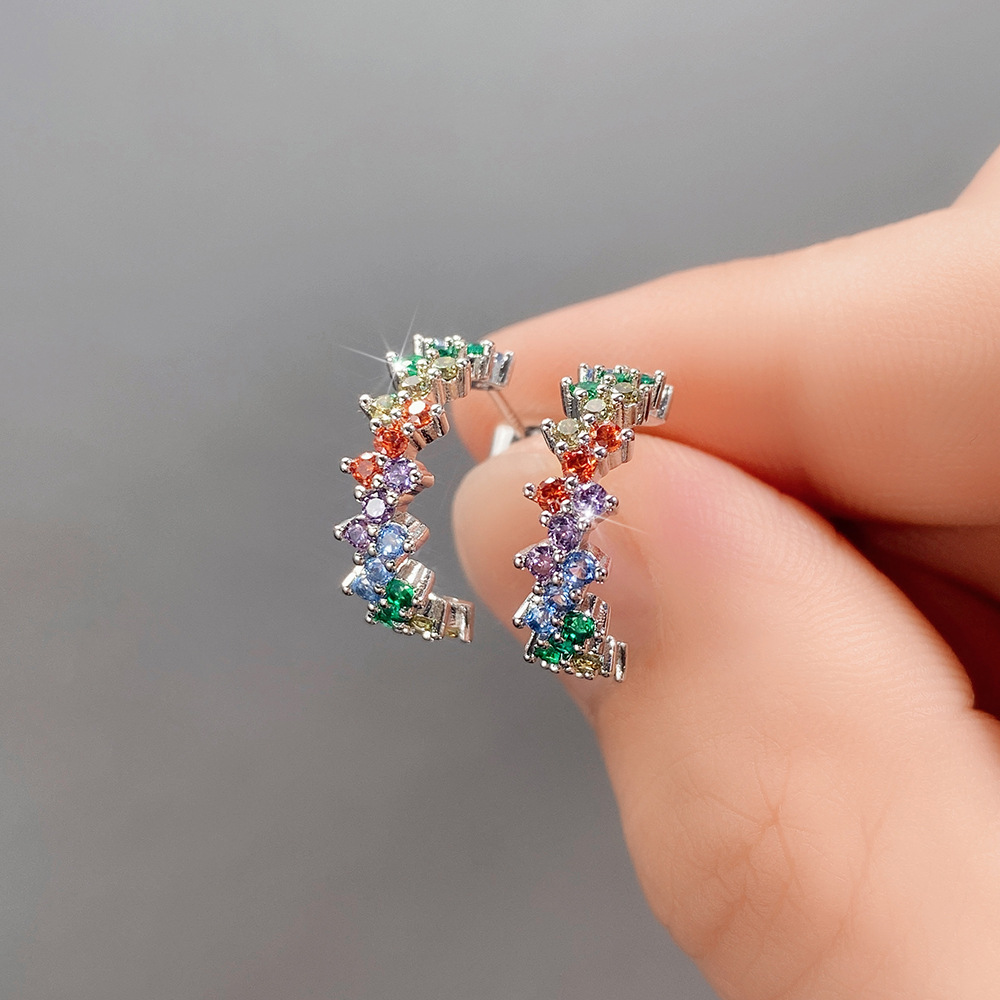 Creative Curved Colored Zirconia Earrings 925 Sterling Silver Women's Geometric Diamond Earrings Classic White Gold Crystal Earrings Luxury Weddi