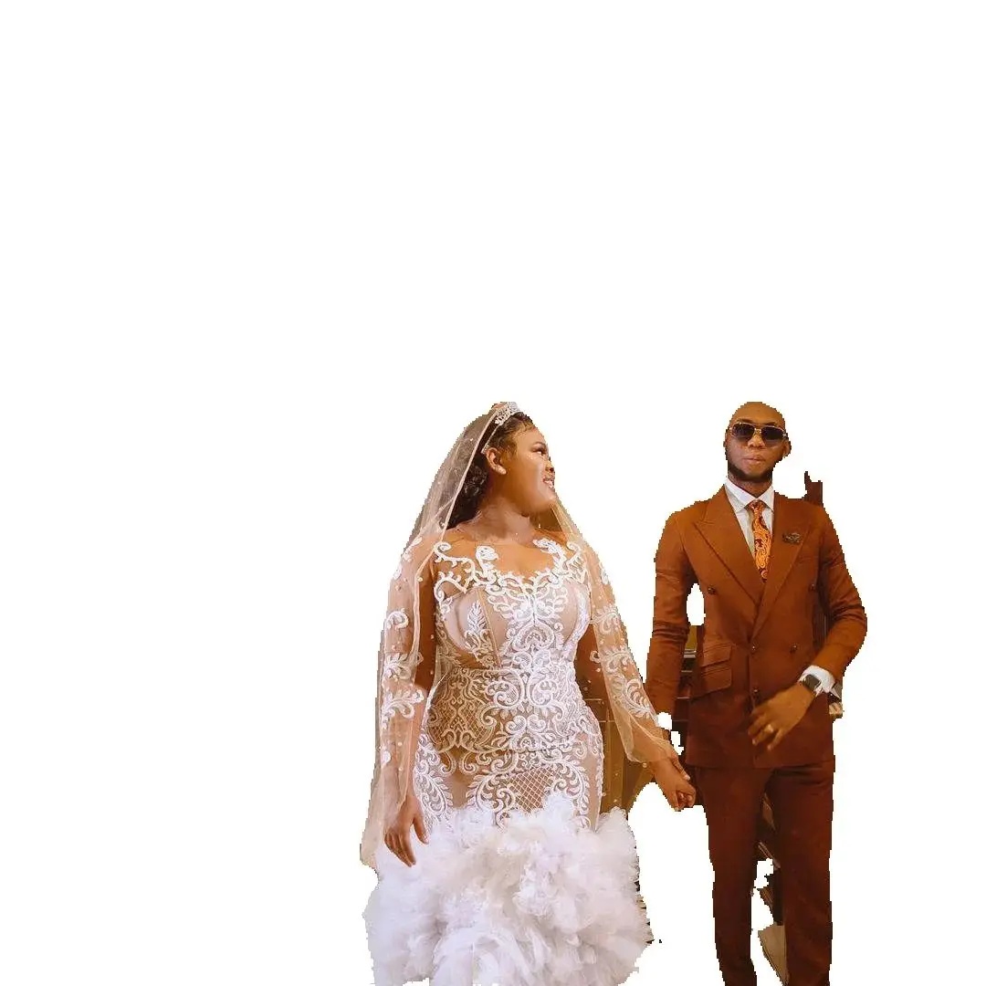 Luxury O Neck Mermaid Wedding Dresses Women Plus Size Full Sleeve Lace Bride Dresses Tiered Ruffles Bridal Gown