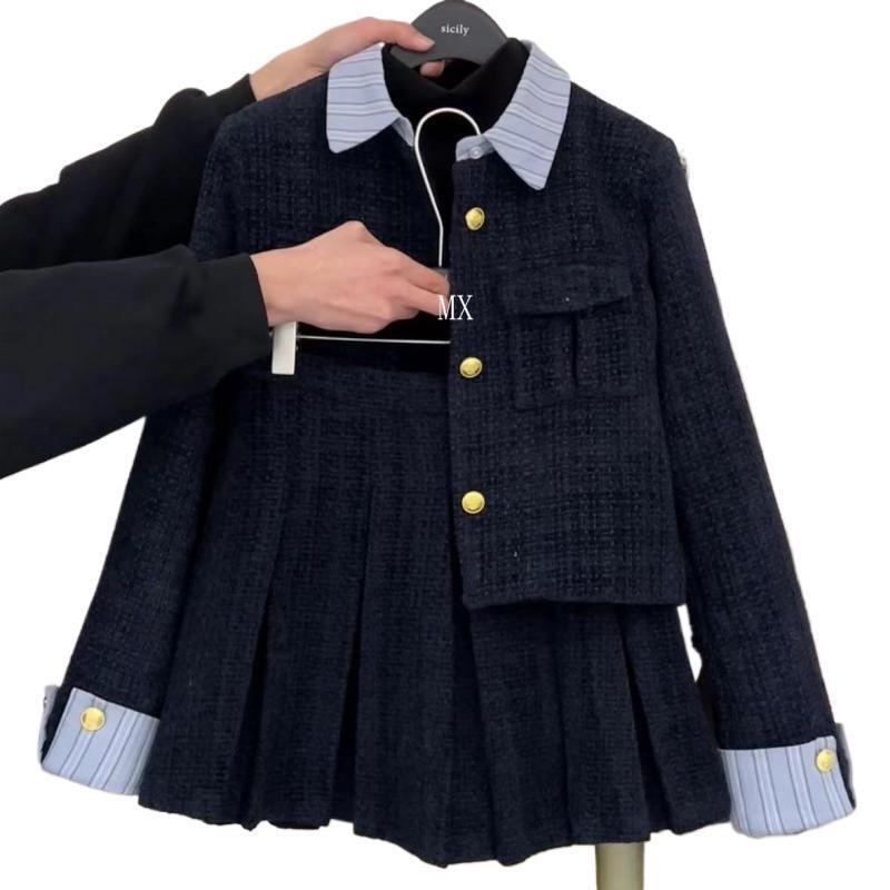winter set for women 2024 new plus size women's clothing korean version fashionable small fragrant style jacket versatile pleated skirt twopiece 