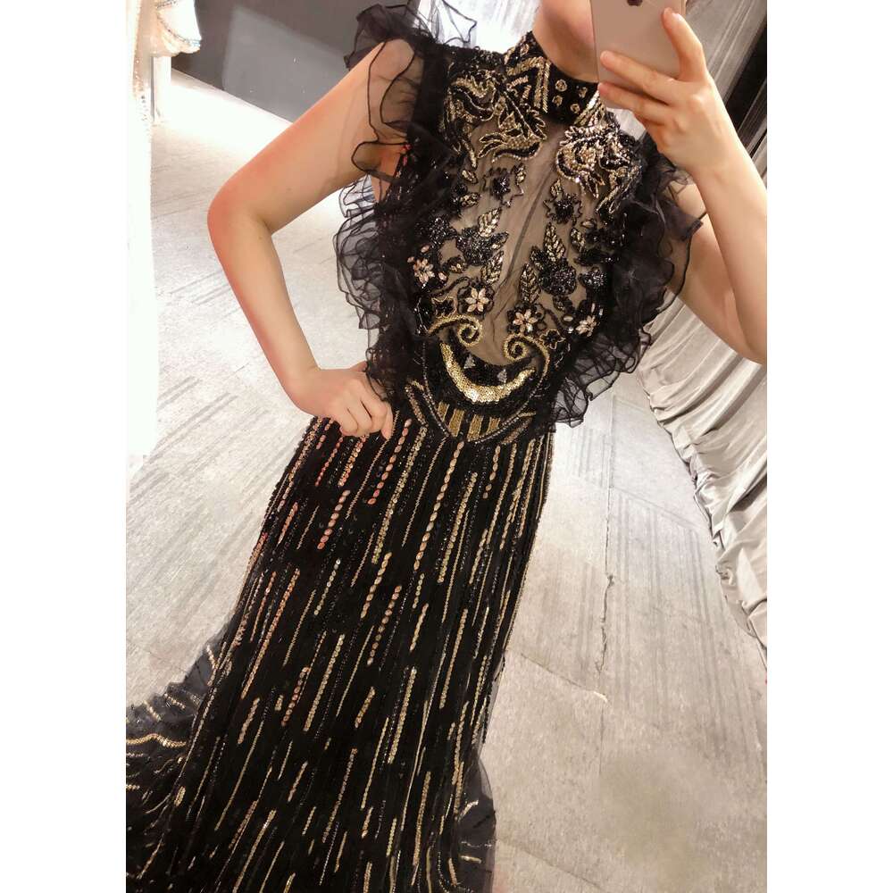 Real Picture Zuhair Murad Black Golden Bead Elegant Custom Made urious Evening Party Dress New or Length Handmade 2024