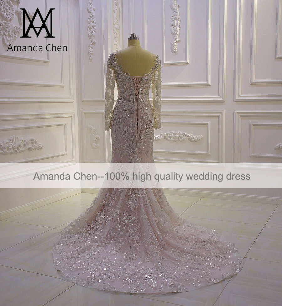 abito da sposa Long Sleeve Lace Applique Beaded Champagne mermaid Wedding Dress