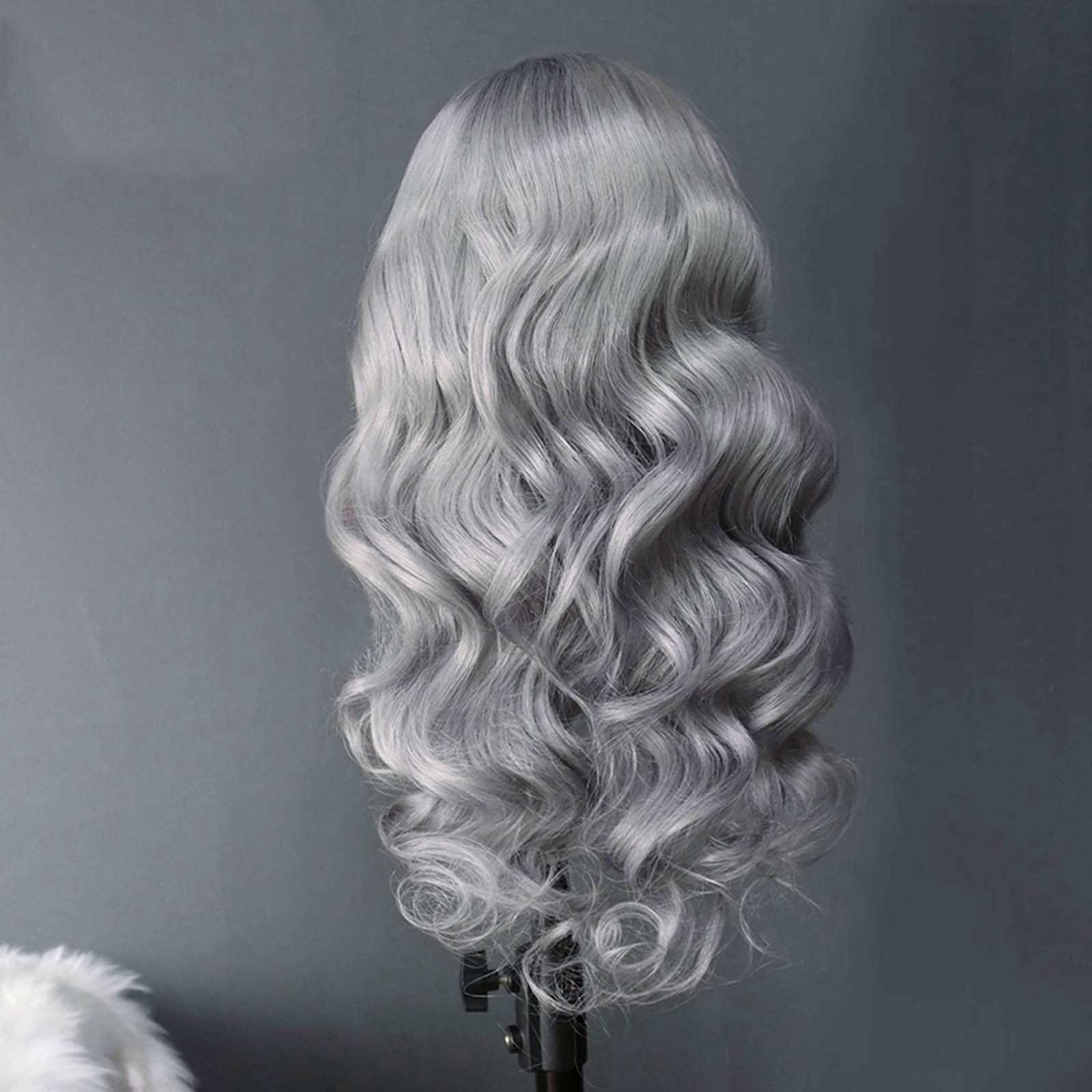 Front Synthetic Lace Glueless Wavy Sier Wig Body Wave Long Grey Hair Wigs for Women