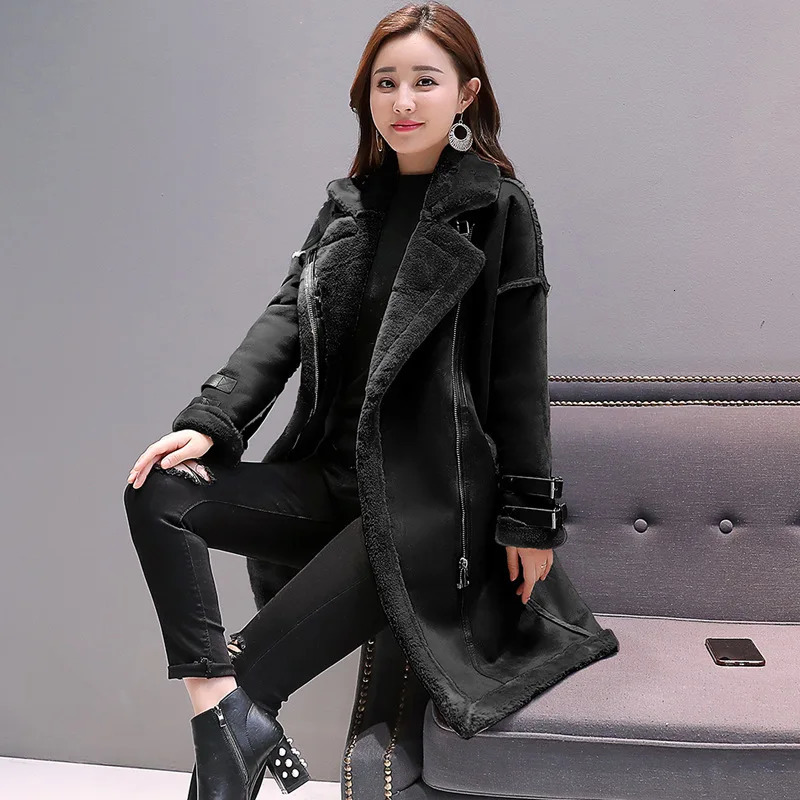 Womens suede fur coat warm and fashionable long trench coat jacket synthetic sheepskin coat autumn and winter F0102 cashmere 2 choices 241025