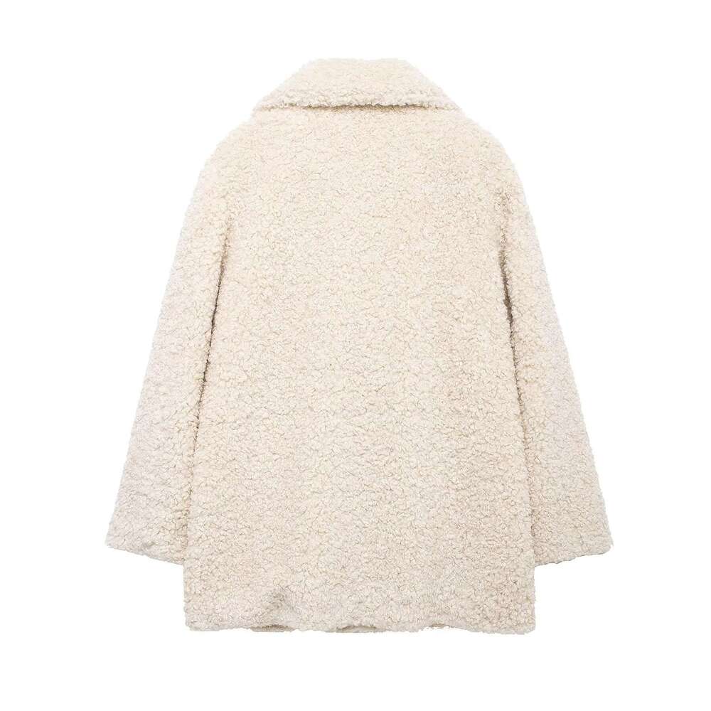 TRAFZA Women Fashion Lapel Solid Mid-Long With Ed New 2024 Fall Winter Elegant High Street Fleece Coat